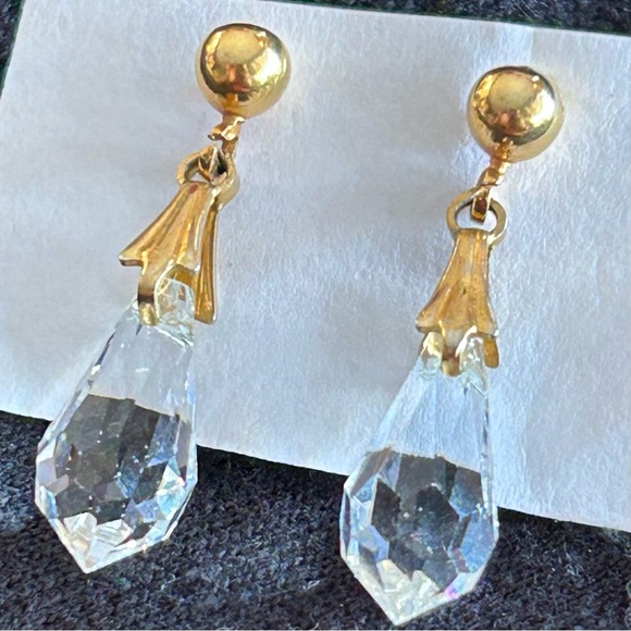 Vintage Faceted Crystal Pendulum Pierced Earrings with Gold Accents Dangle Drop - Picture 5 of 8